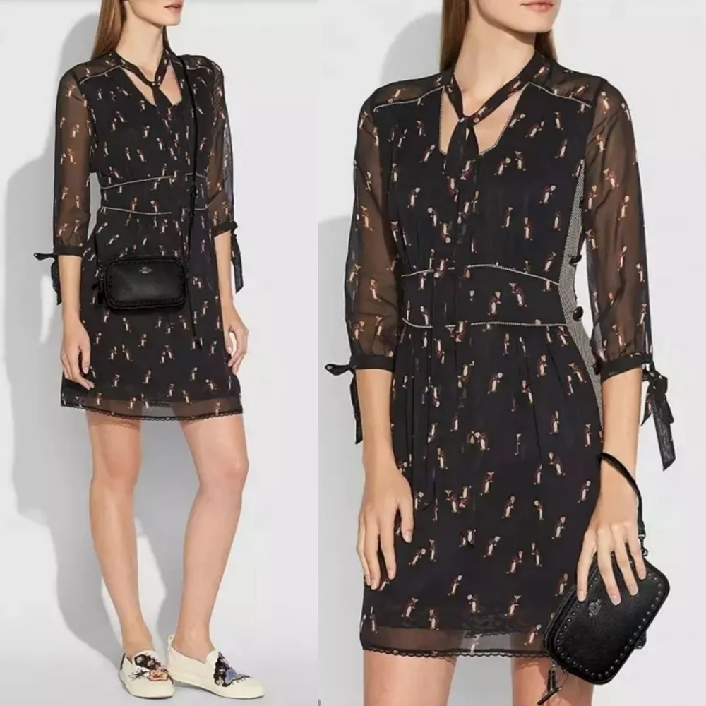 New Coach 1941 Penguin Print Tie Neck Knee Length Black Dress NWT Size 6 US